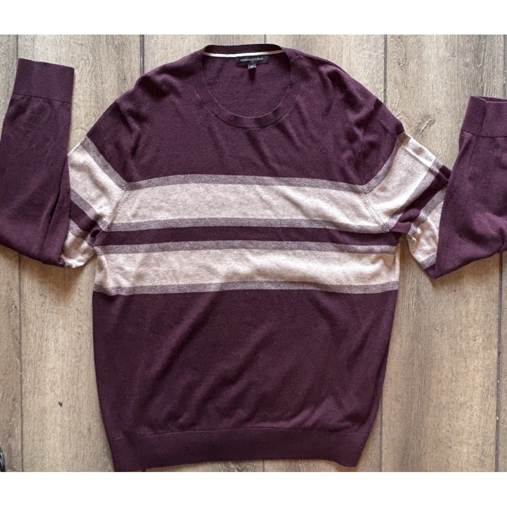 Banana Republic Sweater Men's Maroon Beige Striped 100% Cozy Cotton Pullover XL